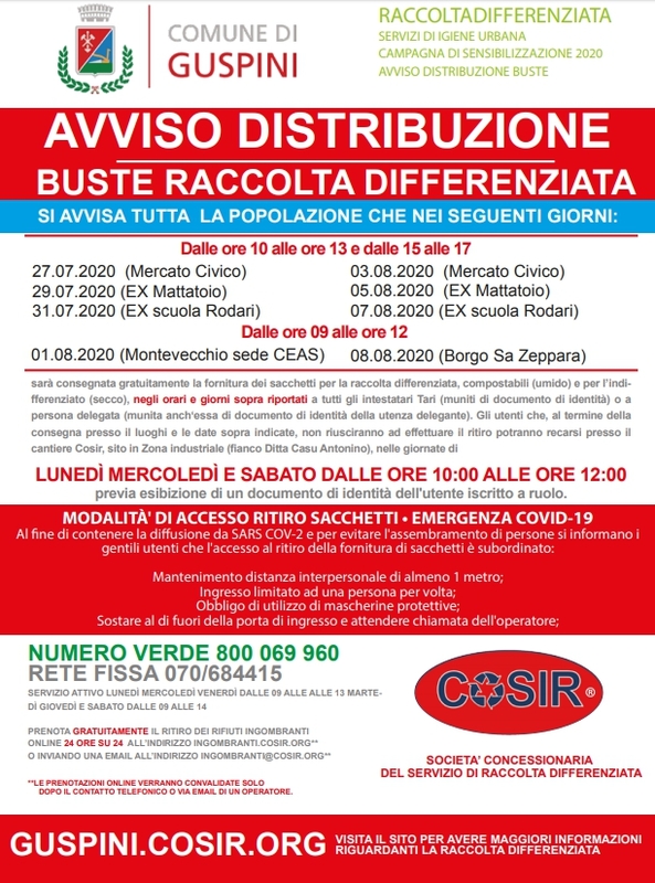 Raccolta differenziata - calendari in distribuzione - Comune di Guspini